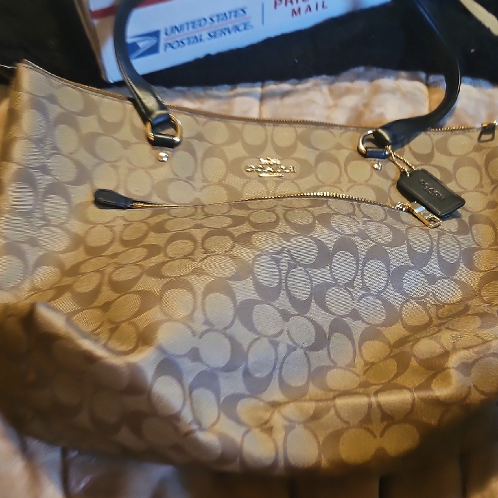 Coach Tan and Black Shoulder Bag with Signature Monogram